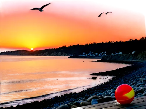 Bay scenery, picturesque sunset, sailboat in distance, seagulls flying overhead, rocky shoreline, wooden pier, beach ball, sunglasses, relaxed atmosphere, warm lighting, 3/4 composition, shallow depth