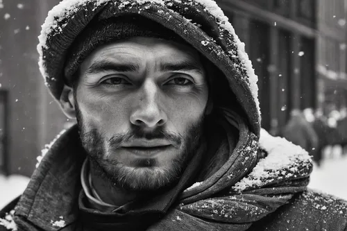 homeless man,grayscale,city ​​portrait,shia,winters,man portraits,eskimo,berger picard,snowfall,snow rain,gray-scale,the snow falls,snowy,cold,sleet,homeless,snowstorm,winter,ice,the cold season,Photography,Black and white photography,Black and White Photography 09