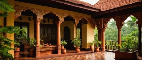 Kottayam de style, traditional Kerala architecture, intricate wooden carvings, ornate columns, sloping roofs, terra cotta tiles, lush green surroundings, tropical plants, natural materials, earthy ton