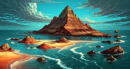 an island with several large rocks on top,fractals art,sea landscape,volcanic landscape,seascape,an island far away landscape,sea stack,Illustration,Realistic Fantasy,Realistic Fantasy 25