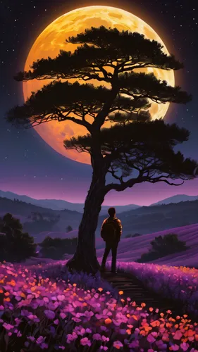 purple landscape,jacaranda,purple moon,japanese sakura background,sakura background,dusk background,tangerine tree,romantic scene,moon and star background,landscape background,lone tree,violinist violinist of the moon,sakura tree,moonrise,landscape rose,the japanese tree,tree of life,jacaranda trees,blossom tree,strawberry tree,Illustration,Realistic Fantasy,Realistic Fantasy 03