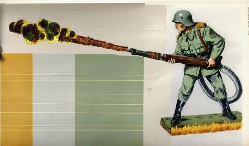 german Wehrmacht soldier in field grey uniform with Stahlhelm  and flamethrower weapon,janitor,leaf blower,grass cutter,paint roller,flagman,gardener,broom,garden shovel,cleaning woman,garden tools,sw