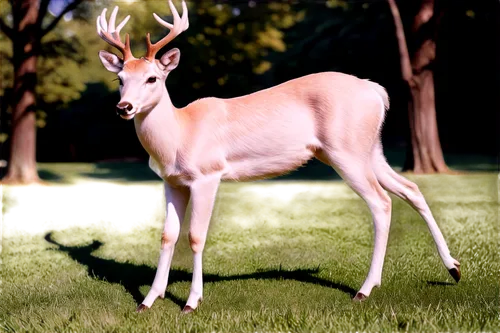 White deer, gentle eyes, brown fur, slender legs, scraping motion, front leg raised, hoof detailed, green grass background, warm sunlight, soft focus, shallow depth of field, cinematic composition, 3/