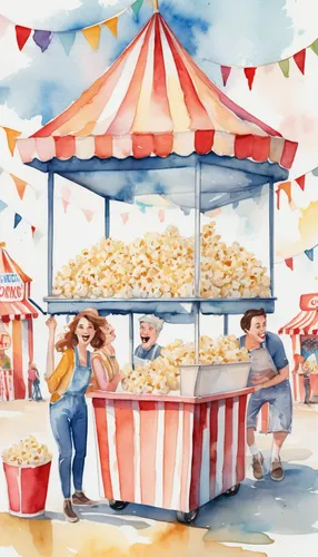 Create a lighthearted comedy about a group of friends who start a popcorn stand at a carnival and get into hilarious mishaps.,ice cream stand,summer fair,annual fair,carnival tent,fairground,fried foo