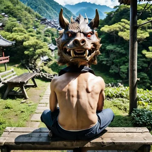 "The character Inosuke Hashibira from 'Demon Slayer,' wearing a boar head mask, sits on a bench with his back to the camera. The boar head is turned to the right, with Inosuke glancing sideways at the