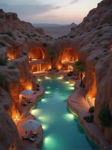 imagine a highly detailed, intriguing visualization of underground luxury resort covered with tranlucent shades , carved into the rocky cliffs of a al ula desert saudia arabia  texture ,  Highlight th