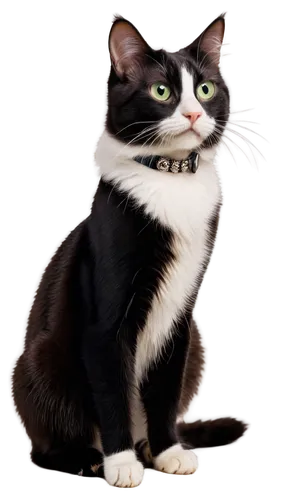 Tuxedo cat, black and white fur, standing upright, whiskers twitching, green eyes, shiny nose, collar with bell, sitting on velvet cushion, softbox lighting, close-up shot, 3/4 composition, warm color