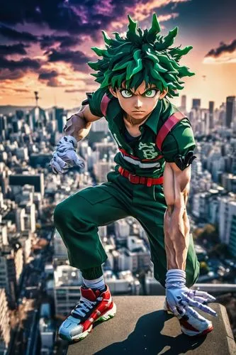 Deku, My Hero Academia, muscular boy, 15yo, spiky hair, green eyes, serious expression, casual wear, U.A. High School uniform, ripped sleeves, strong legs, athletic build, heroic pose, cityscape backg