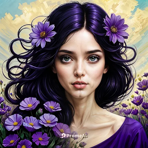 anemone purple floral,flower painting,fantasy portrait,digital painting,violetta,beautiful girl with flowers