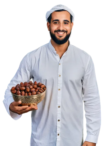 Arab man, Eid celebration, happy face, white dishdasha, golden embroidery, keffiyeh, agal, brown eyes, thick beard, smiling mouth, holding dates, festive atmosphere, warm lighting, shallow depth of fi