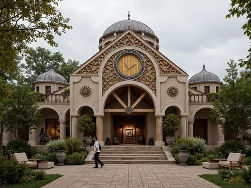 Rustic barn facade, Byzantine-inspired architecture, ornate stone carvings, intricate mosaics, golden domes, grand archways, ornamental columns, weathered wooden accents, earthy color palette, natural