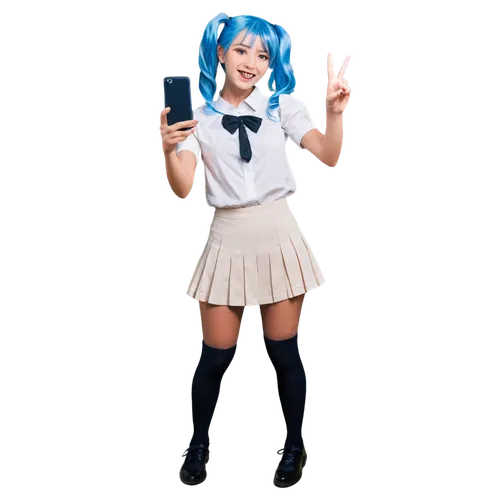 Follower, anime girl, solo, (18yo), bright smile, shining eyes, blue hair, twin tails, white shirt, short pleated skirt, black socks, brown shoes, holding camera, taking selfie, close-up, facial expre