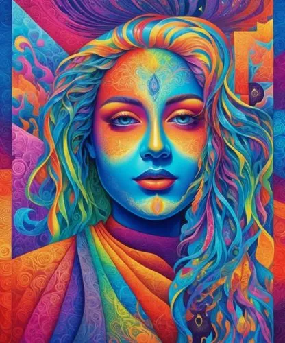 a person with blue hair and yellow eyes,yogananda,matangi,psychedelia,nitai,psychedelic,dmt,Illustration,Realistic Fantasy,Realistic Fantasy 39