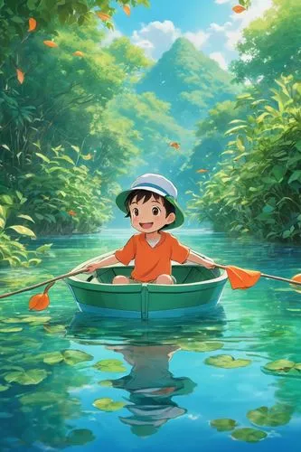 raft,fishing float,studio ghibli,canoeing,canoe,little boat,floating on the river,vietnam,lily pad,summer background,underwater background,kayaking,girl on the boat,pedalos,lily pond,baby float,paddler,paper boat,picnic boat,boat landscape,Illustration,Japanese style,Japanese Style 19