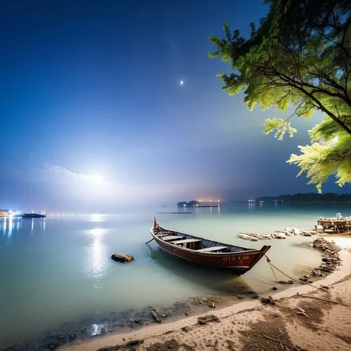 sea night,klong prao beach,andaman sea,tailandia,boat landscape,beach landscape,moonlit night,fishing boats,night indonesia,beautiful beaches,fishing village,tranquility,boat on sea,fishing boat,full hd wallpaper,beach scenery,long exposure,phu quoc island,beautiful beach,sea landscape