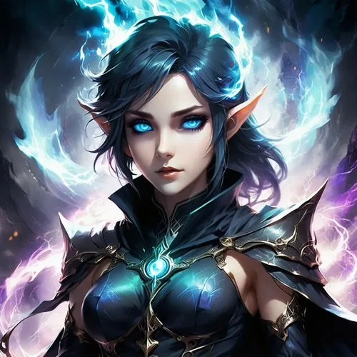 Female elf with ashen skin. She has pitchblack plain hair. She has short elven ears. She has 2 blue upwards growing horns(demon style). She is wearing leather robe in dark grey color. Not revealing cl