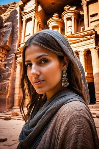 portrait, ((a beautiful woman)) in Al Khazneh, The Treasury of Petra, professional photography, Documental photography, landscape, sunny day, fine details, shot with a Zeiss Otus 55 mm lens F/4, best 