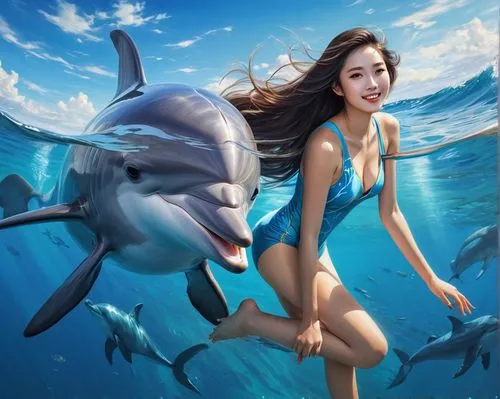 girl with a dolphin,temposhark,yul,dolphin rider,yenny,cube sea,mayshark,seaquarium,nekton,aui,seapaul,underwater background,yoong,wyland,sea animal,jolin,paektu,tangye,bora,aquatic animal,Conceptual Art,Fantasy,Fantasy 03