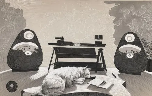 a black and white picture of an animal laying on top of a chair,radionics,witkin,radiophonic,stereophile,gramophones,kiesler,Illustration,Black and White,Black and White 34