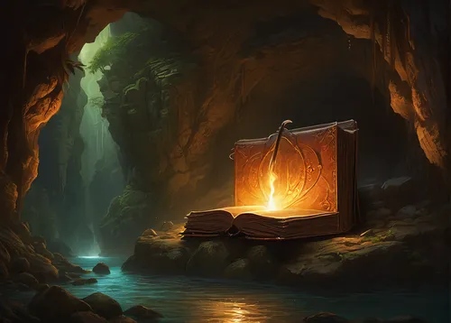 druid stone,lantern,treasure chest,magic grimoire,salt lamp,cauldron,fantasy picture,illuminated lantern,mystery book cover,game illustration,searchlamp,fantasy landscape,wishing well,magic book,cave on the water,music chest,torchlight,hanging lantern,fishing float,dungeons,Conceptual Art,Fantasy,Fantasy 28