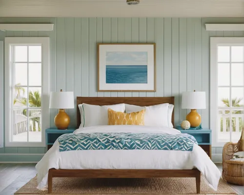 Invent a coastal interior design style for a beach house bedroom.,blue pillow,guest room,turquoise wool,color turquoise,guestroom,bed frame,nautical colors,teal and orange,window treatment,beach house