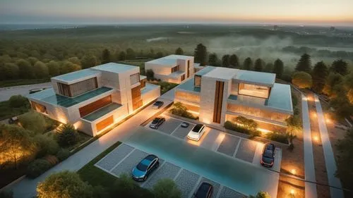 glass glass concrete bricks sunshine summer landscape garden trees cars blue sky night view people terraces apartments spotlights ,an aerial view of some houses at night,damac,3d rendering,residencial