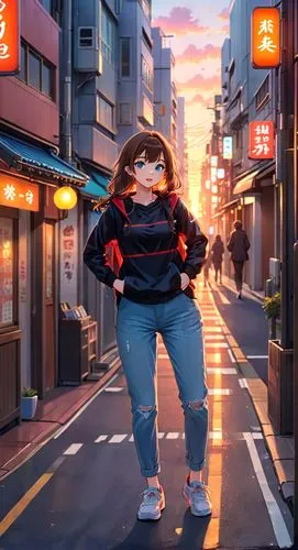 the camera captures a vibrant image of a caucasian girl, who wears a brown hairstyle, brown hair, blue eyes, red lips, and black sports hoes. The girl walks straight for a bustling street in Tokyo at 