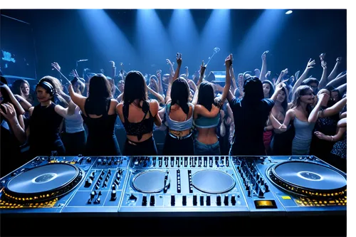 Dance floor, DJ booth, flashing lights, loudspeaker, strobe light effect, crowded people, raised hands, nightclub atmosphere, dark blue walls, metallic decorations, neon signs, bass drum, synthesizer,