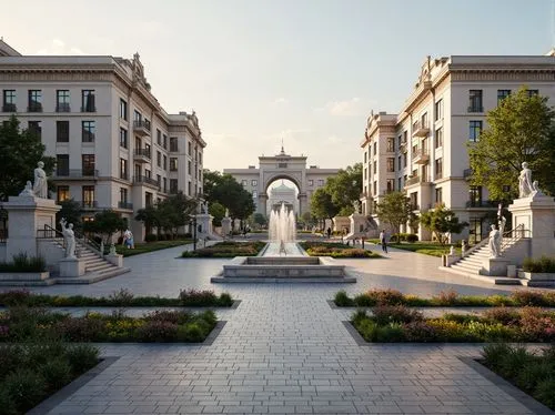 Grand civic plaza, ornate fountains, majestic marble statues, Corinthian columns, intricately carved stonework, symmetrical walkways, manicured gardens, vibrant flowerbeds, elegant street lamps, ornam