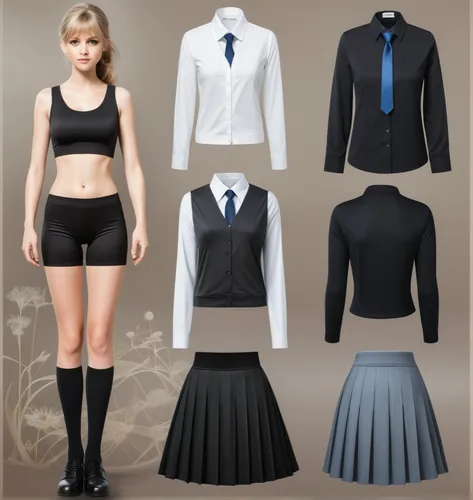 Paper doll British school girl in black sleeveless shirt ,black tight fit spandex shorts with black sock and shoe standing surrounded by with a set of british school uniform, shirt, grey pleated skirt