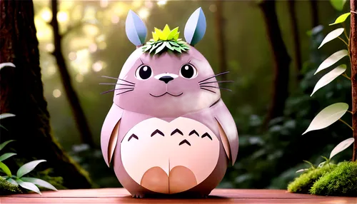 Totoro, forest spirit, mythical creature, big belly, fluffy fur, white chest, round face, cute eyes, green leaf crown, sitting, leaning forward, gentle smile, warm lighting, soft focus, cinematic comp