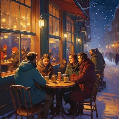 vibey winter night in  the cafe,hogsmeade,winter night,street cafe,donsky,the coffee shop,winter village,winter drink,coffee shop,boheme,outdoor dining,paris cafe,snow scene,coffeehouses,martre,winter