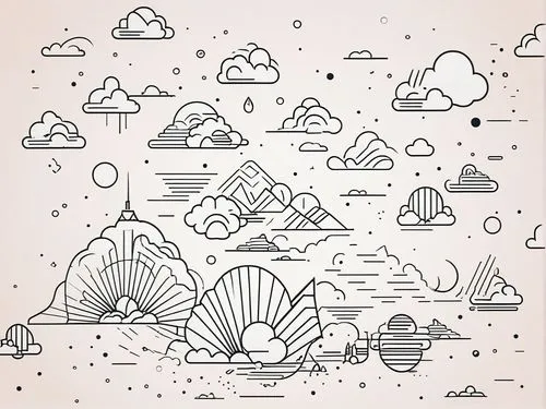 the art deco design is shown in this image,umbrella pattern,parasols,mushroom island,background vector,mountain world,cloud mountain,Illustration,Black and White,Black and White 04