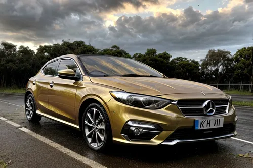 New car exterior decoration turn yellow The car was parked on the side of a city road. It was raining at night.,mercedes amg a45,forfour,mercedescup,mercedes glc,merc,mercedes eqc,glc,mercedes-benz gl