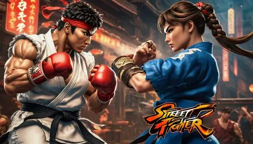 Street fighter, Ryu versus Chunli,the image shows two fighters on a street fighter,streetfighter,ryu,xiaoyu,kumite,kof,sfv,Photography,General,Fantasy