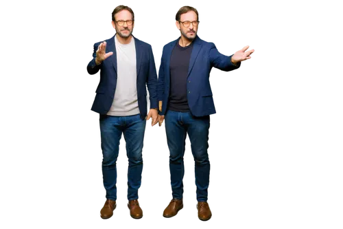 Middle-aged man, standing, speaking, gesturing with hands, brown hair, glasses, beard, wrinkles on forehead, white shirt, black blazer, dark blue jeans, leather shoes, confident expression, serious to