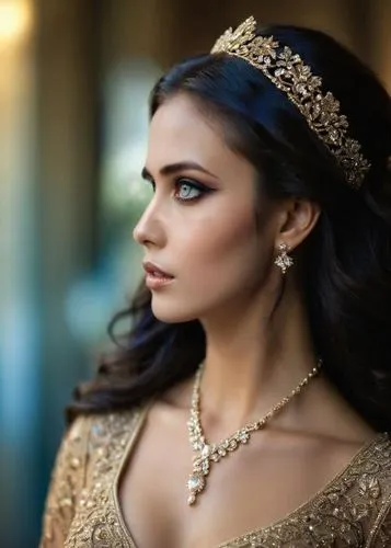 An elegant looking woman,a woman with a tiara is looking to her left,bridal jewelry,padukone,mastani,diadem,gold crown,deepika padukone,gold foil crown,petrova,deepika,eldena,indian bride,elitsa,gold 