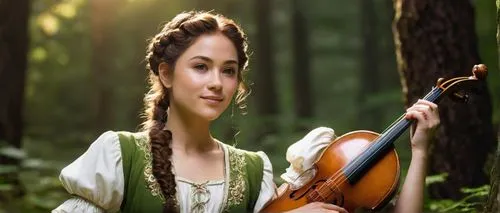 Halfling, female, bard, solo, (25yo), curly brown hair, braided ponytail, bright green eyes, freckles on nose, gentle smile, pointed ears, slender build, flowing white dress, gold trim, intricate embr