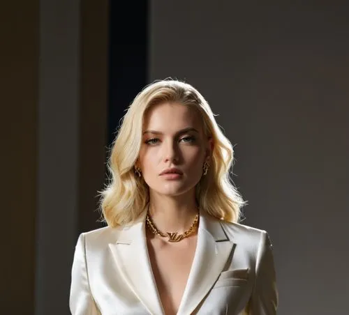 beautiful blonde girl,a blonde woman wearing a white suit and gold jewelry,maxmara,elegant,elegante,alexandersson,hauserman,kovarikova,Photography,Fashion Photography,Fashion Photography 09