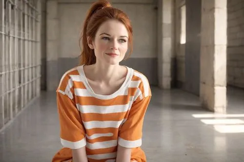 horizontal stripes,prisoner,liberty cotton,maci,orange robes,orange,prison,striped background,bright orange,redhead doll,long-sleeved t-shirt,pippi longstocking,orange color,stripes,redheaded,murcott orange,clary,television character,mary jane,detention