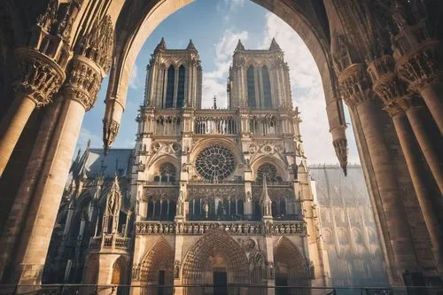 Gothic cathedral, stained glass windows, intricate stone carvings, ribbed vaults, flying buttresses, pointed arches, grandiose entrance, ornate façade, historic European city, Paris, Notre Dame, Chart