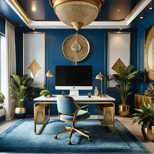 interior decoration,blue room,interior design,dark blue and gold,modern decor,contemporary decor,interior decor,ornate room,luxury home interior,great room,interior modern design,modern office,royal blue,decor,gold wall,decoratifs,opulently,decors,blue lamp,decortication,Photography,General,Realistic