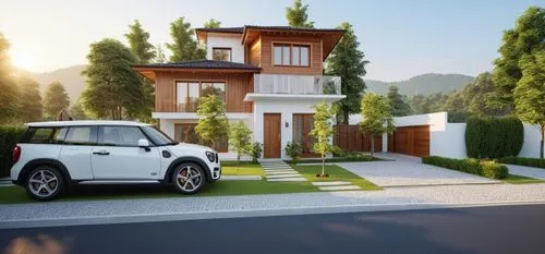 modern house in the village , modern house design in white color and wood decorated , warm color materials , beautiful garden , various tree color , road at front of the house , other village houses b