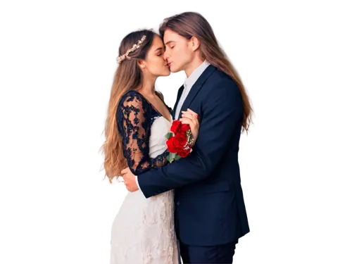 Young couple, embracing, tender kiss, gentle hug, loving gaze, soft smile, flowing long hair, elegant wedding dress, white shirt, black suit, bouquet of red roses, delicate fingers, intertwined hands,