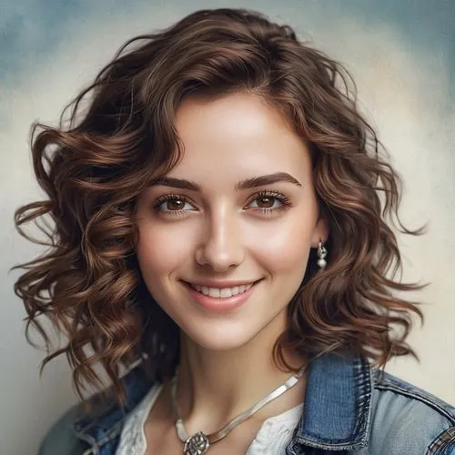 Headshot, portrait orientation, close-up, facial features, detailed eyes, eyelashes, eyebrows, nose ring, smiling, gentle makeup, wavy brown hair, casual outfit, white blouse, denim jacket, silver nec