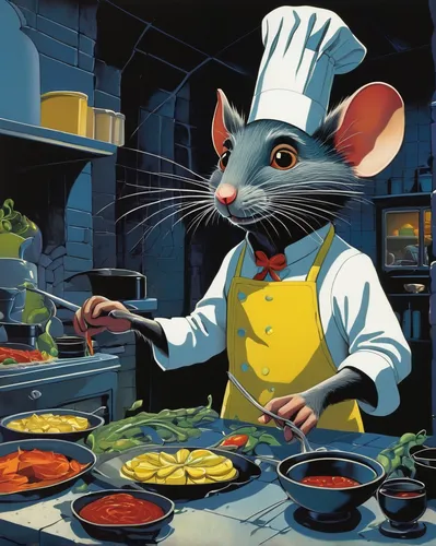 ratatouille,chef,mousetrap,vintage mice,cooking book cover,cuisine classique,cookery,vintage illustration,mouse trap,food preparation,mice,men chef,food and cooking,caterer,chefs,chef's uniform,rodents,mouse bacon,year of the rat,game illustration,Illustration,Vector,Vector 09