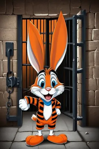 Cartoonish, Bugs Bunny, prisoner outfit, orange jumpsuit, black and white stripes, handcuffs, ball and chain, comical expression, carrots in pocket, messy brown hair, bright blue eyes, winking, standi