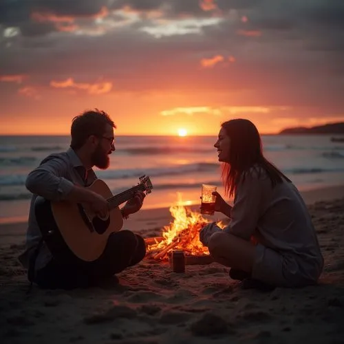 Full body immagine of a young woman with brown hair and a mature man enjoying drinking beer and playing chitarre sitting around a fire on the beach, looking on camera, sunset with thousand colors in t