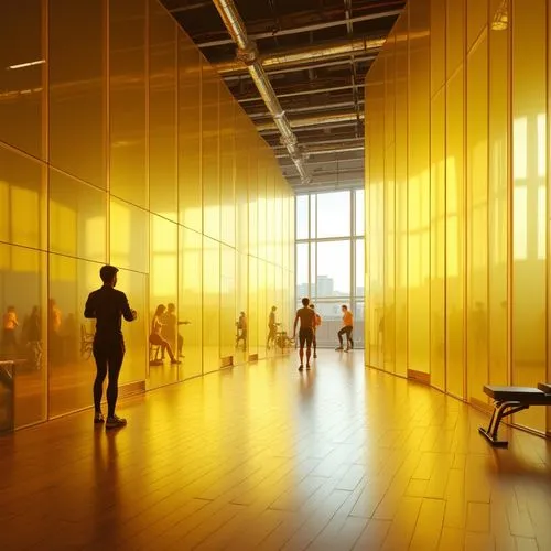 Modern gymnasium interior, light yellow colored glass walls, transparent and reflective surfaces, abstract geometric patterns, sleek lines, minimalist aesthetic, spacious high ceiling, athletic equipm