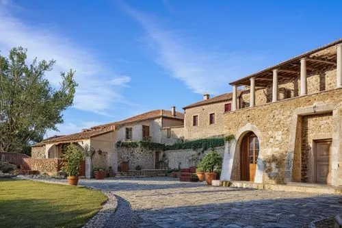 a cobblestone path leads to a large house,casabella,masseria,agritubel,monemvasia,provencal life,hala sultan tekke,trullo,provencal,casalesi,bastides,grimaud,parador,peloponnese,assisi,pienza,tuscan,m